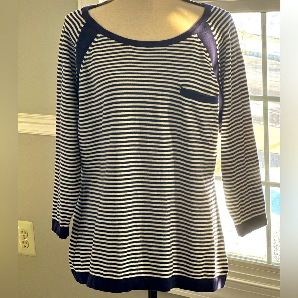 Liz Claiborne Navy & White Striped 3/4 length sleeves Sweater size XL